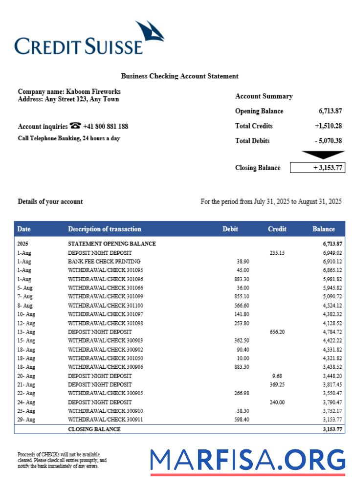 Blank Swiss Credit Suisse company checking account statement Word and PDF template
